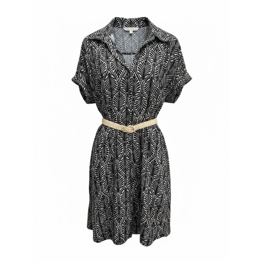 Emma & Michele Women's L Black White Leaf Print Shirt Dress Belted Short Sleeve
